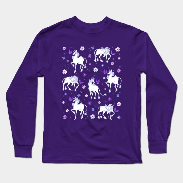 The Last Unicorn and the Butterfly Floral Pattern Long Sleeve T-Shirt by DajonAcevedo